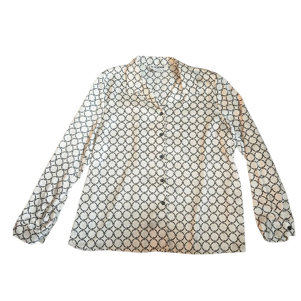 🖤 Joan Leslie Petite Blouse Geometric Chain Print Button Down Shirt Sz M